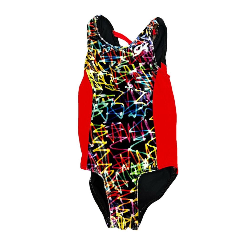 GK Elite Gymnastics Leotard Red Black Multi Design Velour Panel Size TD Or CXXS